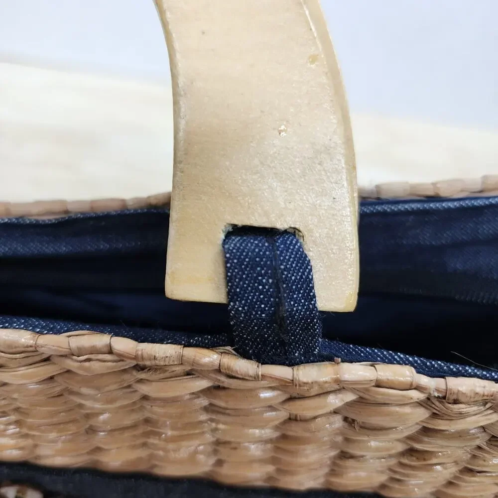 Straw Basket Purse Denim Accent Wooden Handles Beach Cottagecore Bag 10x5.5